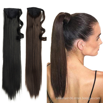 High Quality 24 inch Black Brown Long Straight Drawstring Ponytail Hairpiece With Hairpins Hair Extensions Synthetic Ponytail